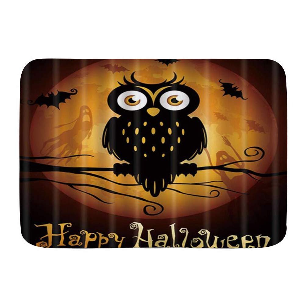 Bath Mat Rug,Happy Halloween Owl and Moon Ghost Orange Background,Plush Bathroom Decor Mats with Non Slip Backing,31.5" X 19.5"