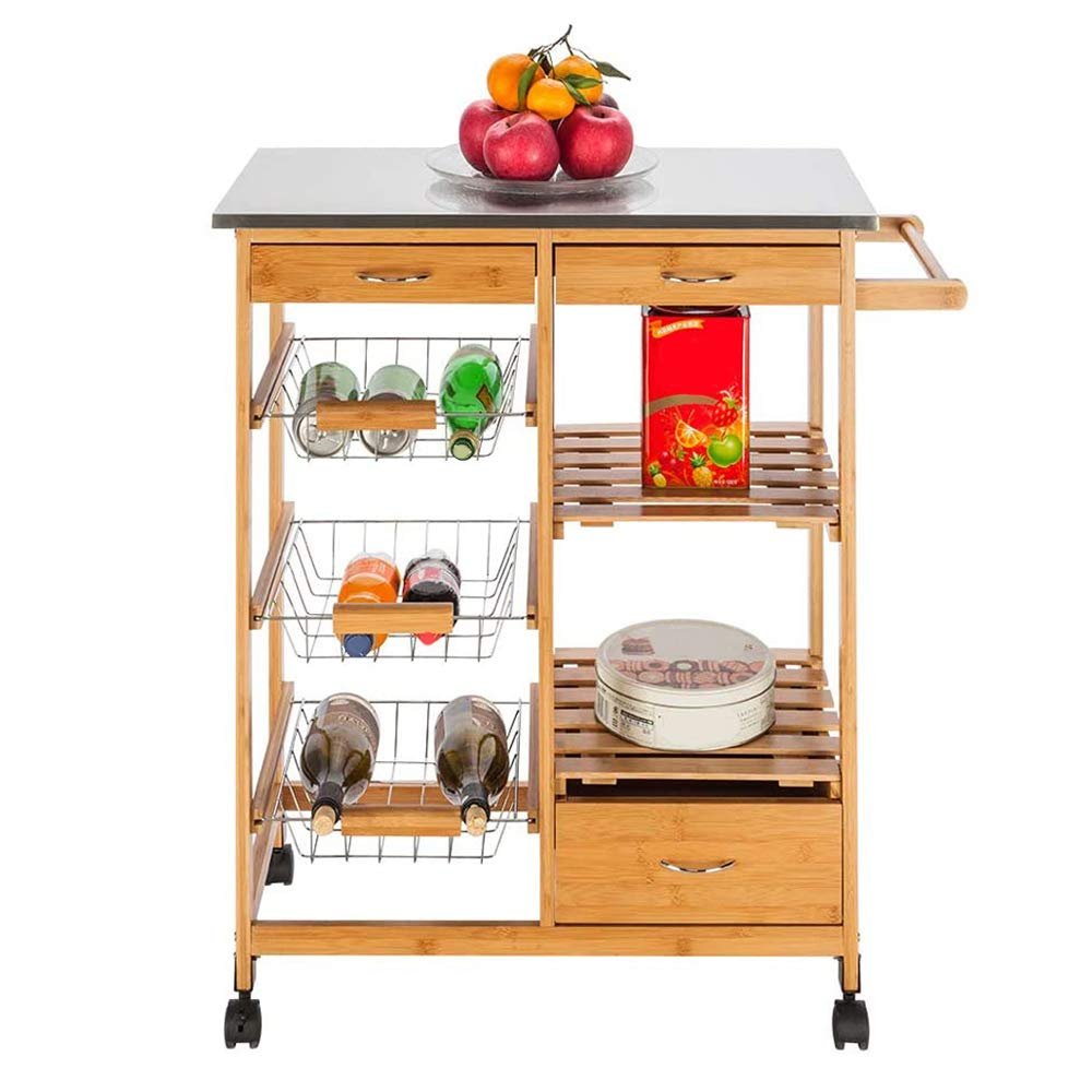 samanoya Rolling Kitchen Island Cart Trolley with Stainless Steel Table Top & 3 Drawers & 3 Baskets,Utility Storage Cart Wood Moveable Serving Food Beverages Table (Wood Color A)