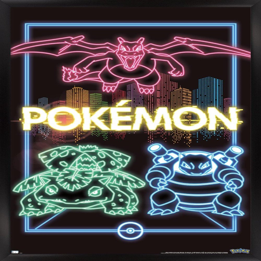 Trends International Pokmon - Neon Group Wall Poster, 14.725" x 22.375", Black Framed Version