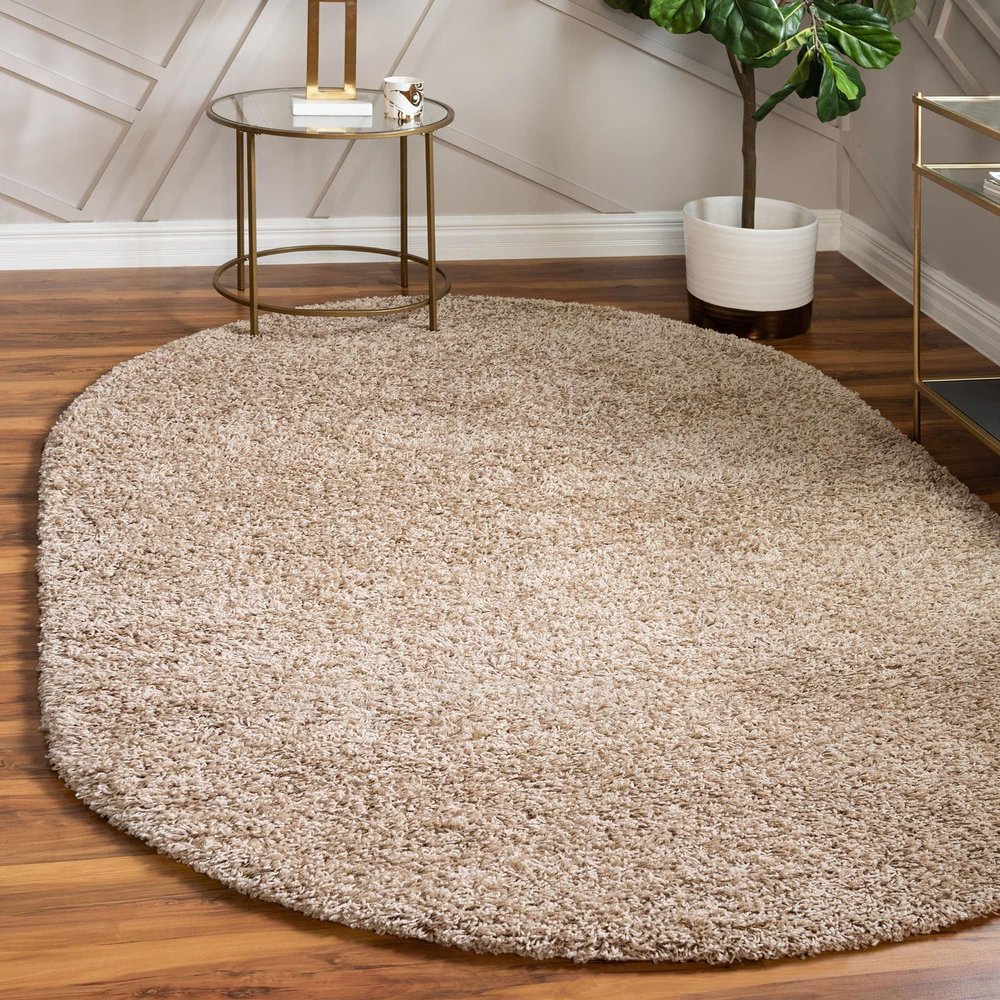 Unique Loom Solid Shag Collection Area Rug (5' 1" x 8' Oval, Taupe)