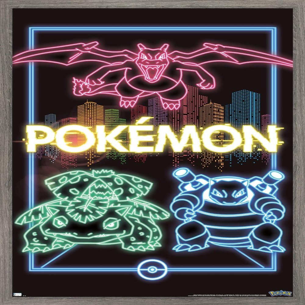 Trends International Pokmon - Neon Group Wall Poster, 14.725" x 22.375", Barnwood Framed Version