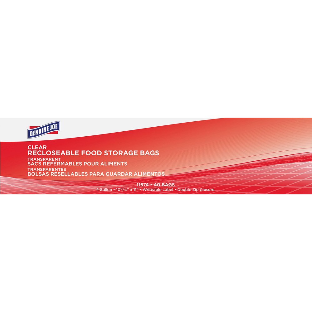 Genuine Joe Gallon Recloseable Food Storage Bag with Writeable Label, Double Zip Closure, 1.75 mil (44 Micron) Thickness, Clear, 40 / Box, 9 Count