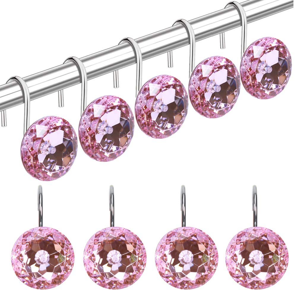 TOAOB 12pcs Pink Shower Curtain Hooks Rings Rust Proof Stainless Steel for Bathroom Curtains Rod Diamonds Rhinestone Decorative Round for Bathroom Curtain Shower Rod Accessories
