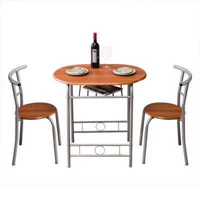 3 Piece Wooden Dining Set Compact 2 Chairs and Table Set with Metal Frame and Wine Rack Bistro Pub Breakfast Space Saving for Apartment and Kitchen (Brown Wood)