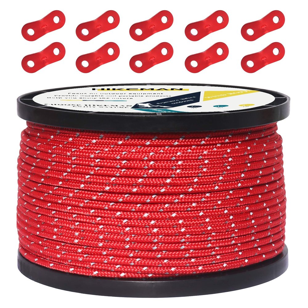 HIKEMAN 50m Reflective Guyline Solid Braid Nylon Camping Rope with Aluminum Adjuster Cord Tensioner Tent Accessory for Outdoor Travel,Hiking,Backpacking and Water Activities (Red, 3mm)