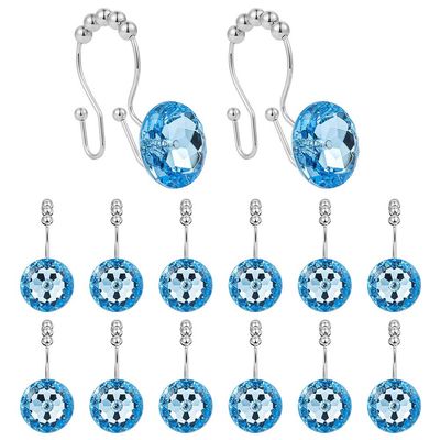 12 Pcs Bling Crystal Shower Curtain Hooks, Stainless Steel Blue Gem Shower Curtain Hooks Rings, Diamond Rhinestones Shower Curtain Hooks for Women