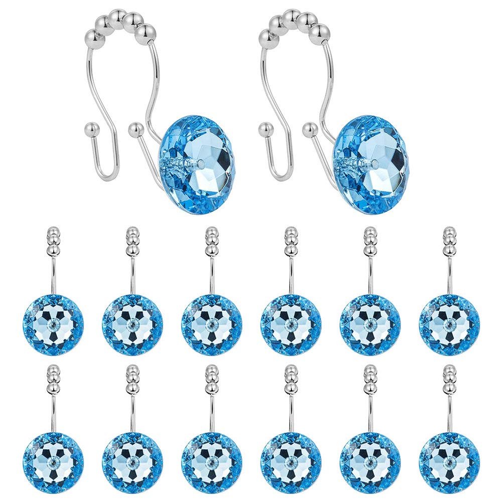 12 Pcs Bling Crystal Shower Curtain Hooks, Stainless Steel Blue Gem Shower Curtain Hooks Rings, Diamond Rhinestones Shower Curtain Hooks for Women