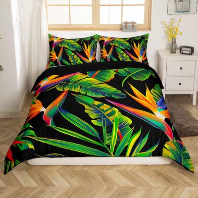 Tropical Duvet Cover Tree Bedding Set for Kids Boys Girls Green Plant Palm Leaves Comforter Cover Jungle Botanical Leaf Bedspreads with 2 Pillow Shams for Dorm Decor,Queen Size,Black