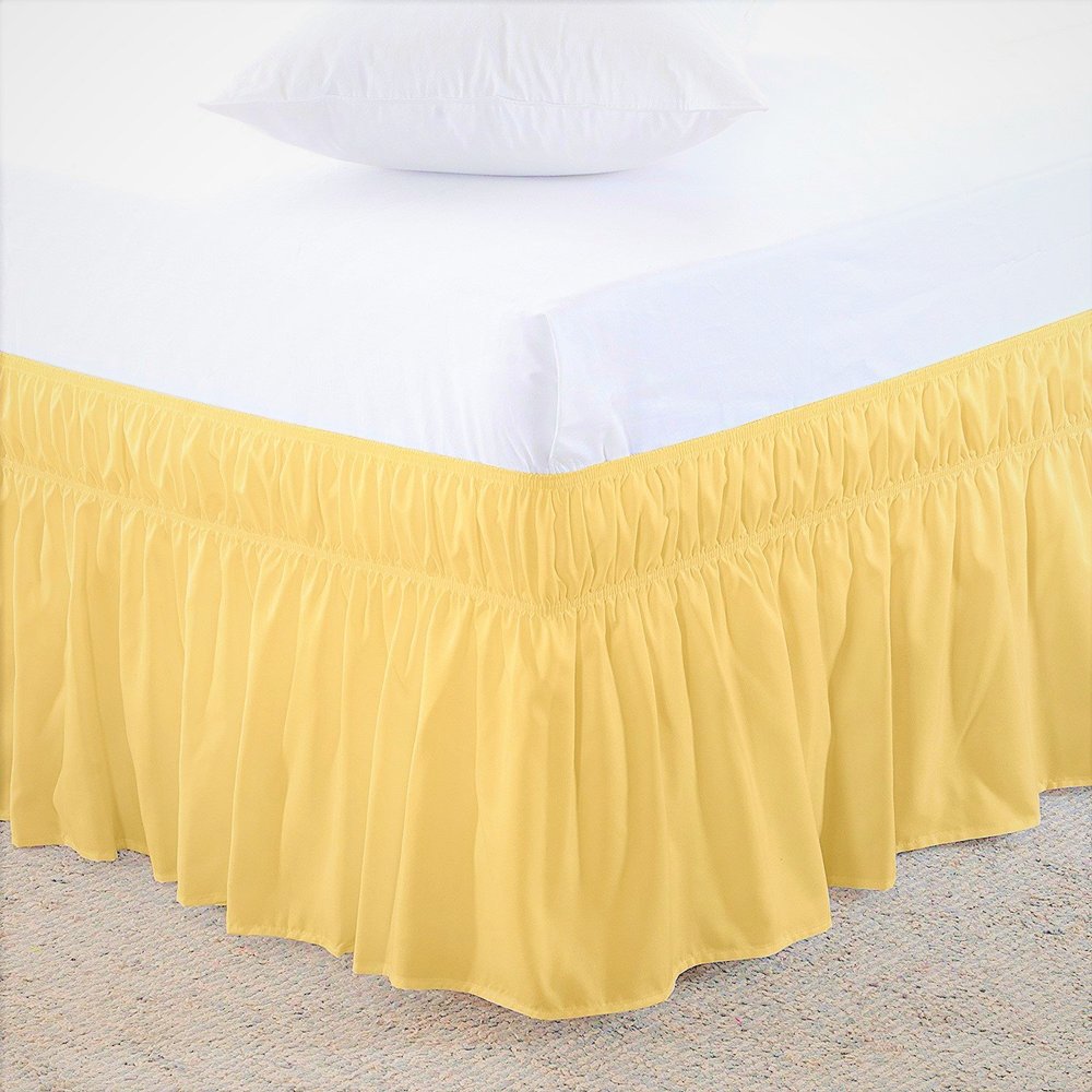 Amuze Bedding Eay Fit Elastic Wrap Around Ruffled Bed Skirt Recron 600 Thread Count(Yellow, Olympic Queen, Drop Length 10 Inches)