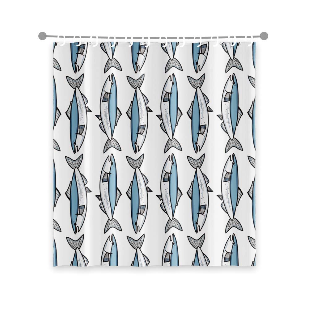 OERJU 72x78inch Cute Animals Cartoon Shower Curtain Blue and White Fishes Funny Scence Style Design Waterproof Fabric Polyester Kids Bathroom Curtain Decor Bath Accessories Durable with Hooks