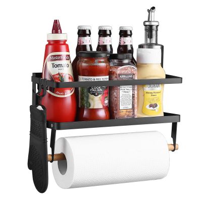Magnetic Shelf with Paper Towel Holder for Fridge/Washing Machine/Garage, Magnet Kitchen Spice Rack for Refrigerator, Wall Mount Storage Organizers (Black)
