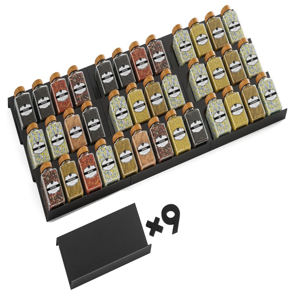 Artibear Aluminum Spice Drawer Organizer, Spice Rack Tray for Kitchen Cabinet, 9 Pieces Set-Expandable Seasoning Storage Rack From 8"-24" Insert for Drawer/Countertop (Jars Not Included)