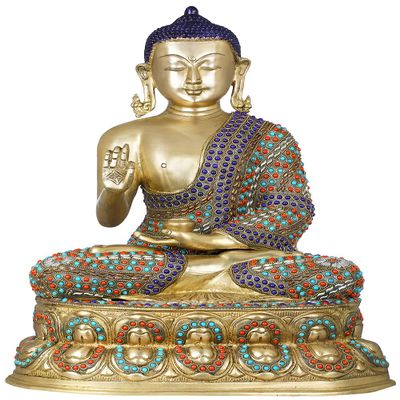 Exotic India Tibetan Buddhist Shakyamuni Buddha on Double Lotus Seat, Multicolor