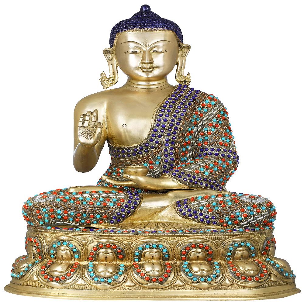 Exotic India Tibetan Buddhist Shakyamuni Buddha on Double Lotus Seat, Multicolor