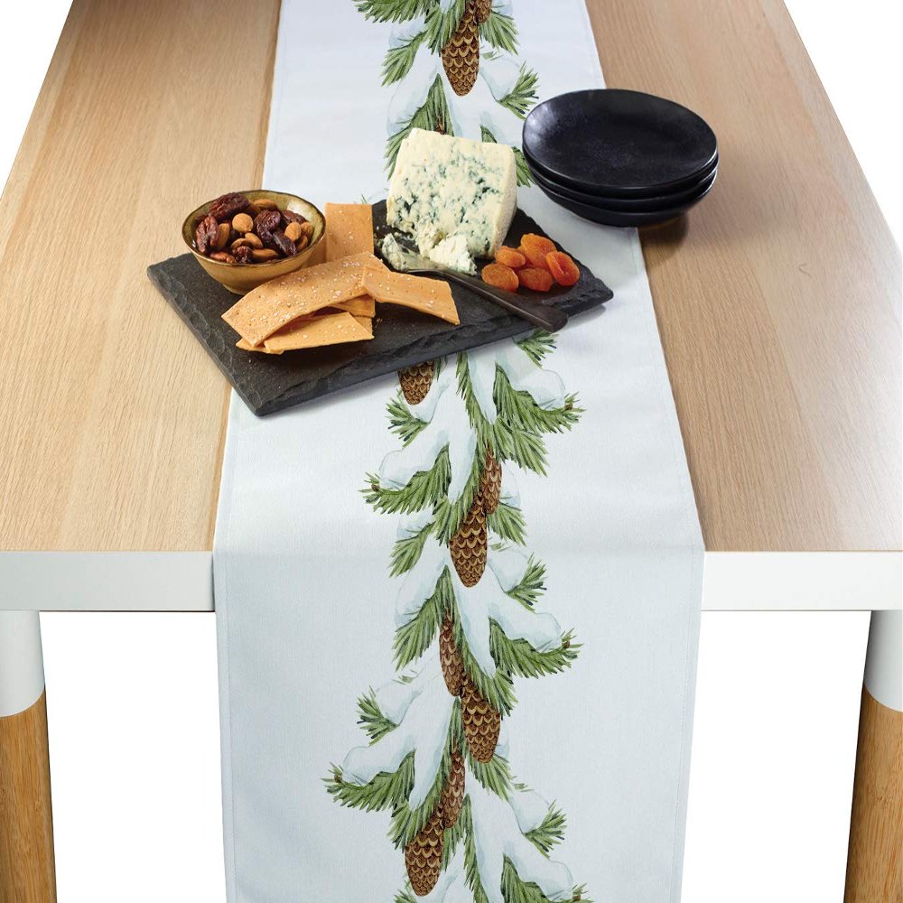 Fabric Textile Products, Machine Washable, 100% Milliken Polyester, Tablecloths, Table Runners, Napkins, & Outdoor Tablecloths, Pine and Cone Garland (14" x 108")
