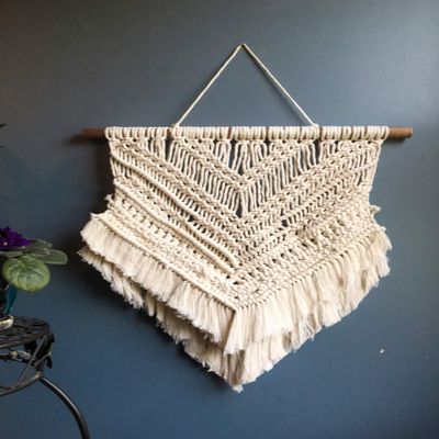 Wild Cotton Fiber Arts Handmade Macrame Wall Hanging Boho Woven Tapestry Decor 100% Organic Natural Cotton Cord on Mounted Driftwood Branch 22" W x 26" L