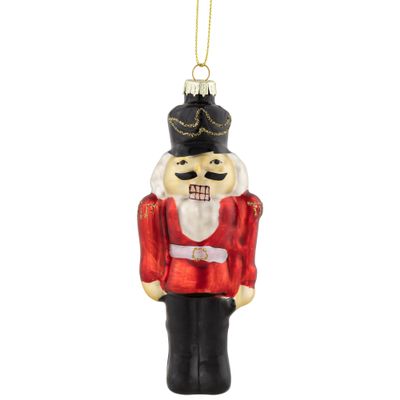 5" Red and Black Nutcracker Hanging Glass Christmas Ornament