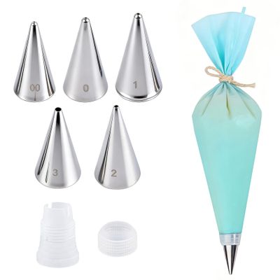 AUEAR, Cake Decorating Sugar Cookie Piping Tips 5 Writing Tube 1 Coupler 1 Silicone Pastry Bag (7 Pack)
