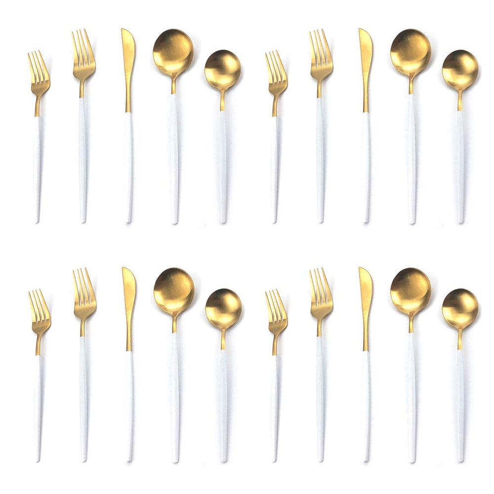 20-Piece Silverware Set,Uniturcky White Gold Stainless Steel Flatware Eating Utensils With Knife Fork Spoon For Home Kitchen Restaurant, Classic Elegant Design Cutlery, Service For 4, Dishwasher Safe