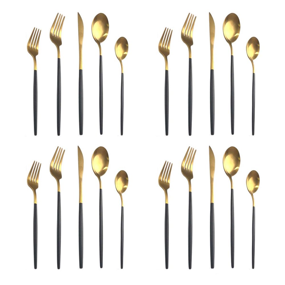 20Pcs Silverware Set For 4, Uniturcky Black Gold Stainless Steel Flatware, Knifes Forks Spoons Set For Home Kitchen Restaurant, Dishwasher Safe