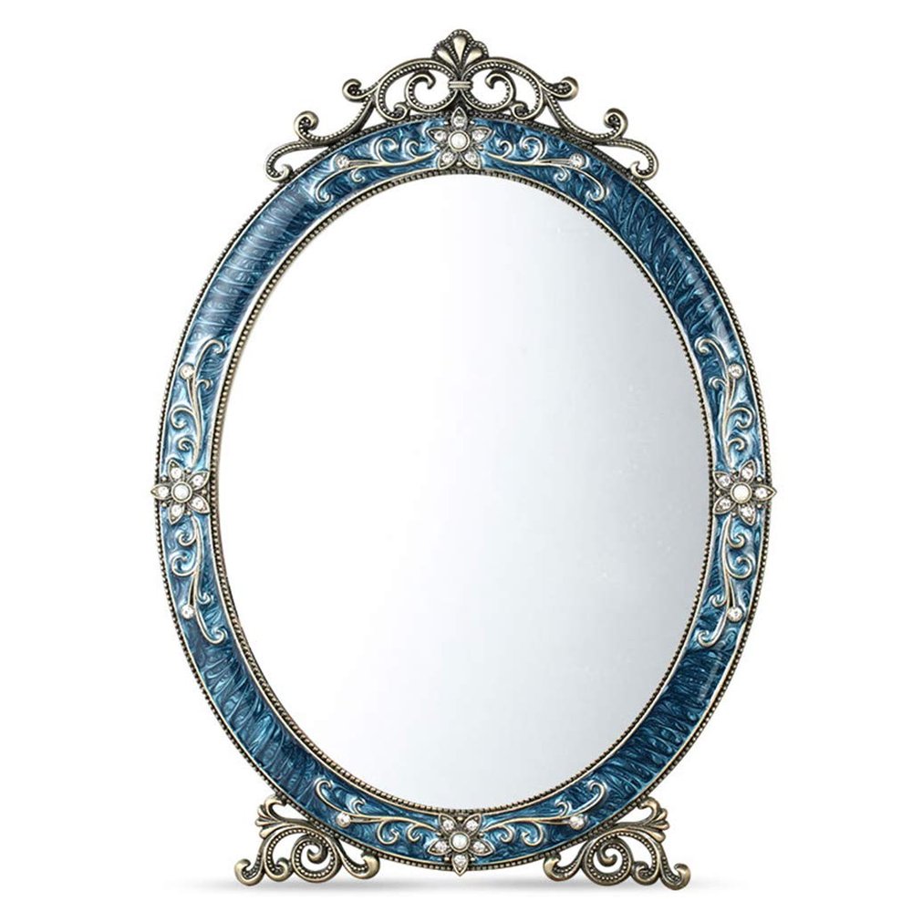 Desktop Mirror Makeup Mirror European Style Retro Metal Princess Dressing Mirror HD Desktop Countertop Mirror, Sapphire Blue/Silver White