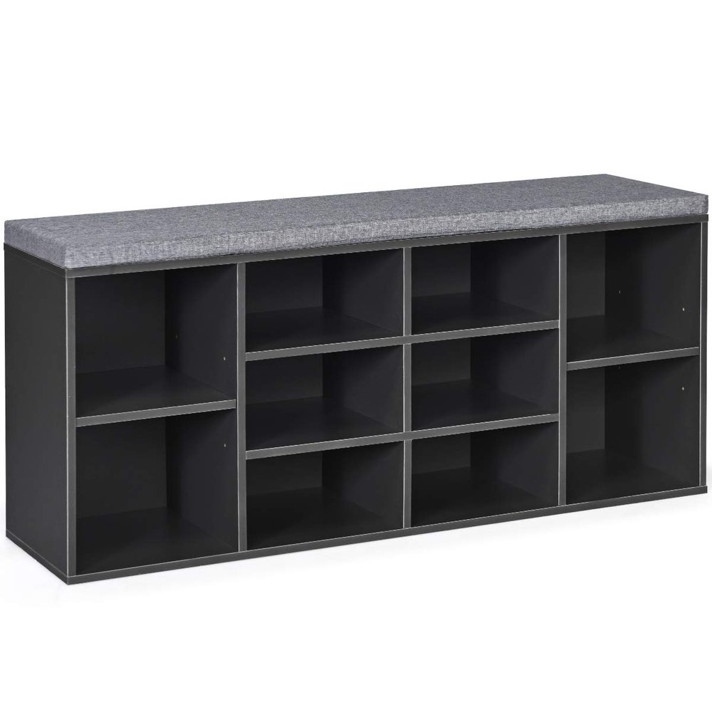 Giantex Shoe Storage Bench with Cushion, Entryway Shoe Rack Bench, Adjustable Shelves, 10-Cubbies Shoe Organizer Bench for Entryway, Living Room, Bedroom, Hallway, Closet, Mudroom (Grey)