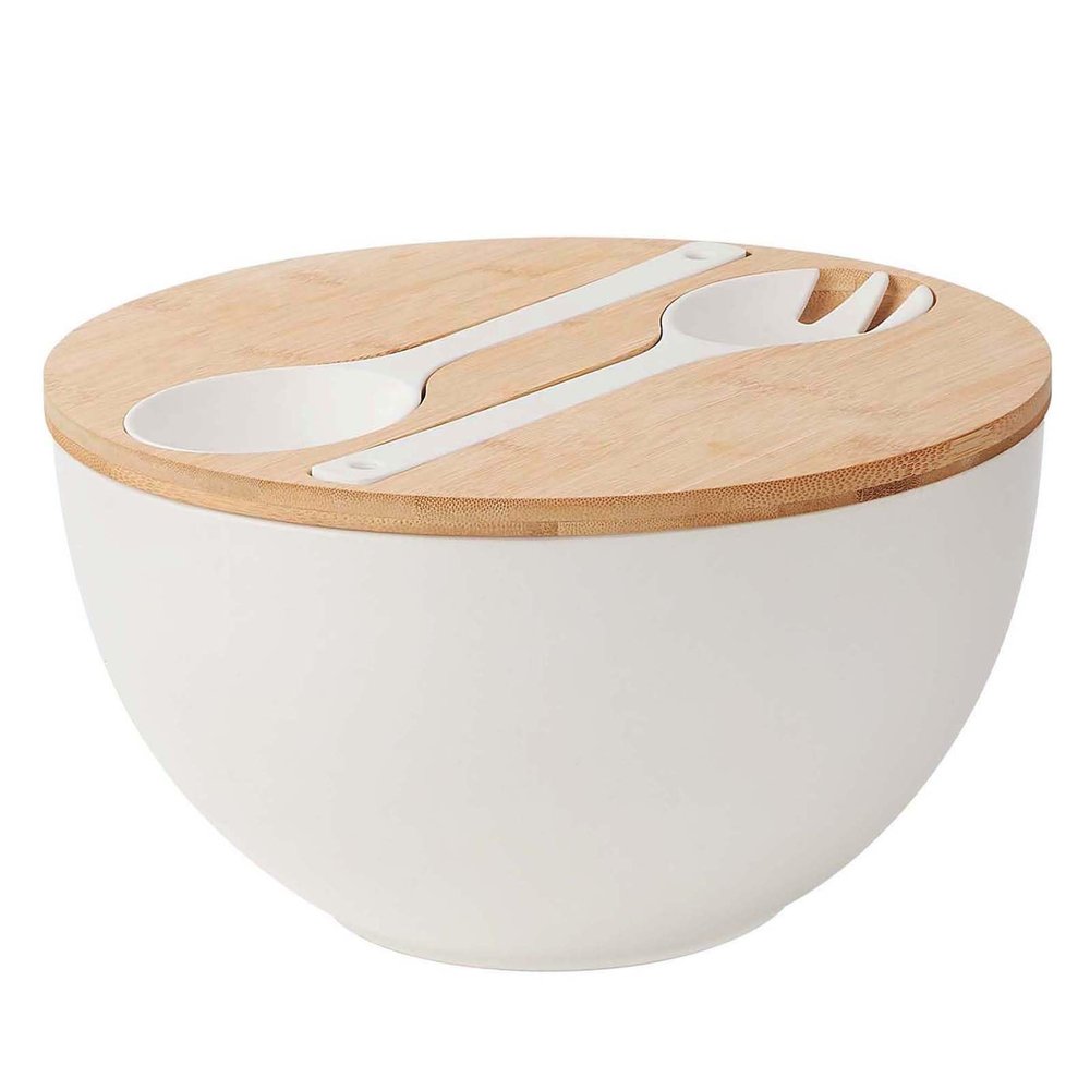 10 Bamboo Fiber Large Salad Serving Bowl Set with Wooden Lid & Servers, 3.5Qt Big Bowl with Utensils for Mixing Salad,Fruit,Pasta,Lightweight & Dishwasher Safe, Ideal Gift for Home - Matte White