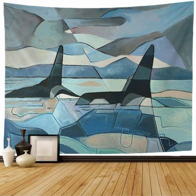 Starojan Tapestry Wall Hanging Abstract On Whale Painting Two Killer Whales Wildlife Swimming Sky Nature Oil Outdoor Landscape Tapestry Blanket Wall Bedroom Decor 60x60 Inch