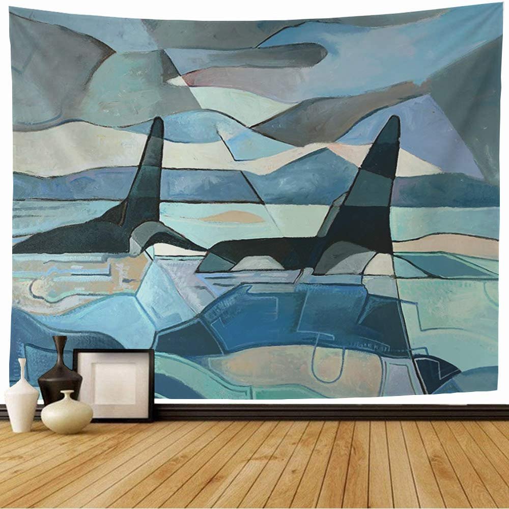 Starojan Tapestry Wall Hanging Abstract On Whale Painting Two Killer Whales Wildlife Swimming Sky Nature Oil Outdoor Landscape Tapestry Blanket Wall Bedroom Decor 60x60 Inch
