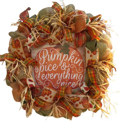 Artisan fall, autumn, harvest wreath for front door or inside decoration. Features wood pumpkin "Pumpkin & spice & everything nice" Wreath is very full, made with weatherproof fabric, measures 20x20x6