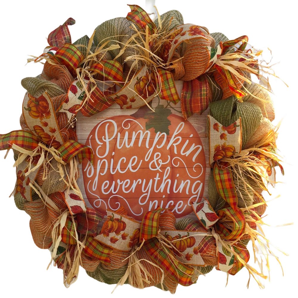 Artisan fall, autumn, harvest wreath for front door or inside decoration. Features wood pumpkin "Pumpkin & spice & everything nice" Wreath is very full, made with weatherproof fabric, measures 20x20x6