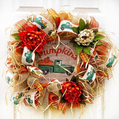 Artisan fall, autumn, harvest wreath for front door or inside decorations. Features green truck, farm fresh pumpkins, hayrides, caramel apples, cider, fall flowers. Very full 20x20x6