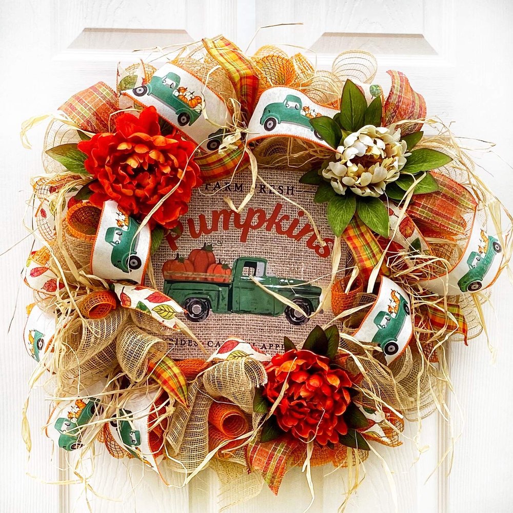 Artisan fall, autumn, harvest wreath for front door or inside decorations. Features green truck, farm fresh pumpkins, hayrides, caramel apples, cider, fall flowers. Very full 20x20x6