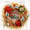 Artisan fall, autumn, harvest wreath for front door or inside decorations. Features green truck, farm fresh pumpkins, hayrides, caramel apples, cider, fall flowers. Very full 20x20x6 view 1