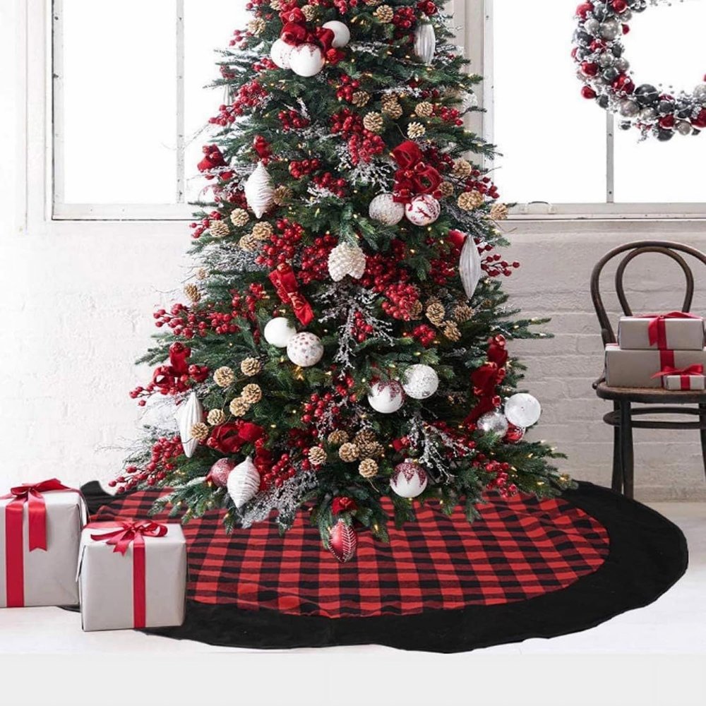 Medoore Red and Black Buffalo Plaid Check Christmas Tree Skirt 48 inches, Country Xmas Tree Decorations Tree Skirts Double Layers Holiday Ornaments