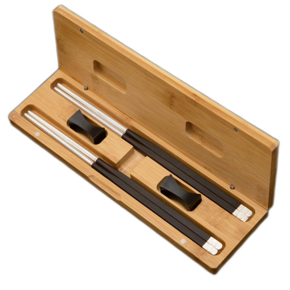 Reusable Silver Chopsticks Natural Ebony Wood Chopsticks - Custom Engraving Names Logos - Classic Square handle Chinese Style - Customized Christmas Gift Luxury Chopsticks Set With Holder Bamboo Box