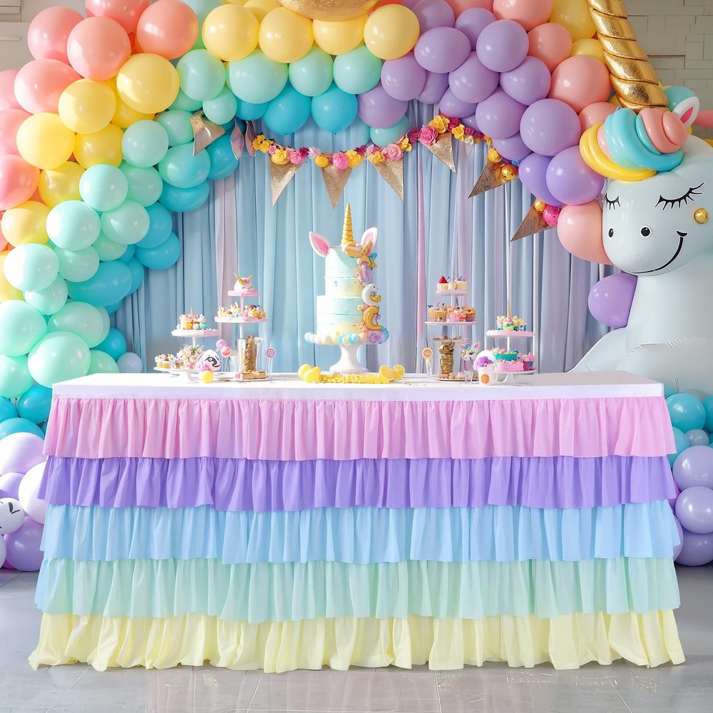 14ft Rainbow Tutu Tulle Table Skirt for Rectangle Round Tables Chiffon Table Cloth for Birthday Party Decorations Baby Shower Parties Ruffle Table Skirting