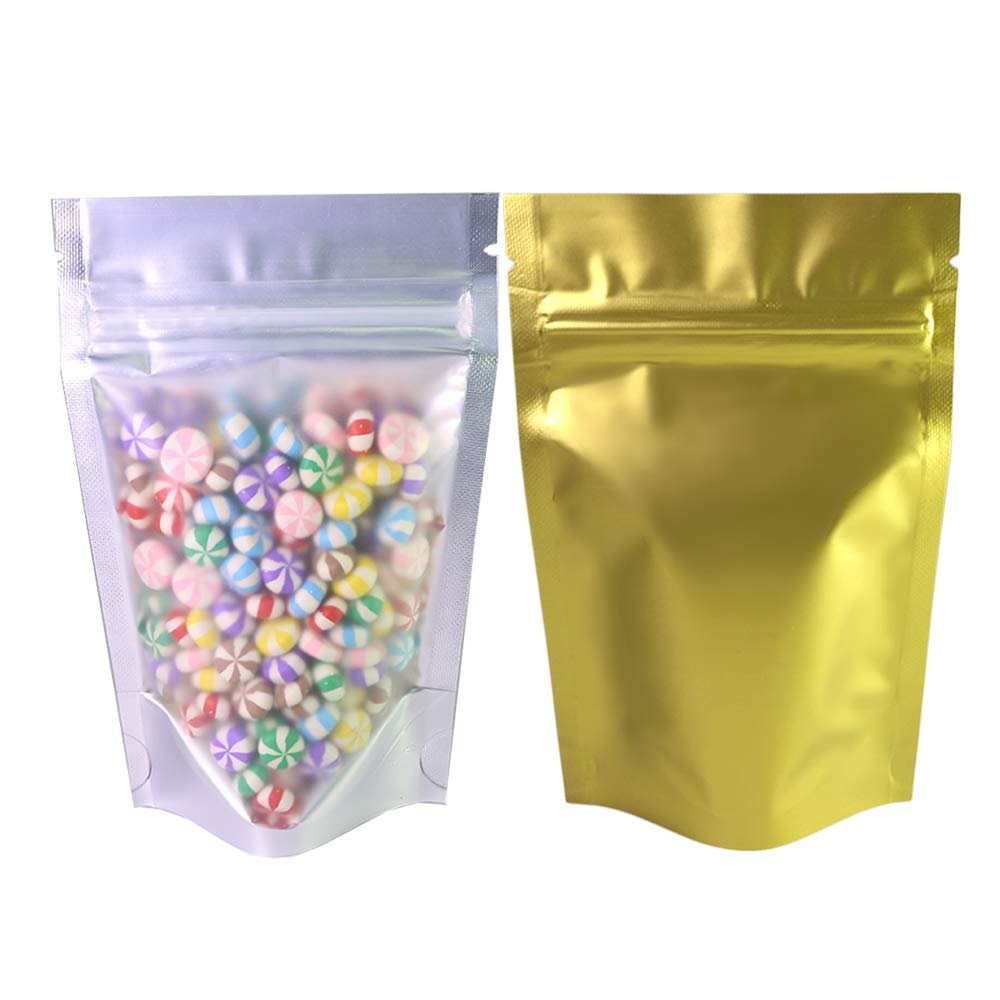 QQ Studio 100PCS Matte Translucent Front Colored Stand-Up Resealable QuickQlick Bags (14x20cm (5.5x7.9"), Translucent/Gold)