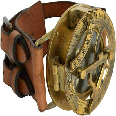 Vintage Nautical Steampunk Sundial Compass Wrist Watch W/Leather Bracelet