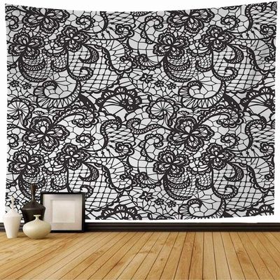 Tapestry Repeat Lace Black Pattern with Contour Flowers On Seamless Victorian Abstract Decoration Textures Tapestry Wall Hanging Blanket Wall Bedroom Decor 60x50 Inch