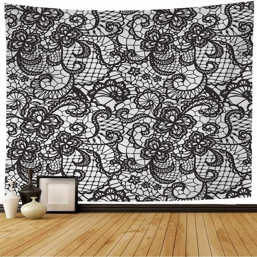 Tapestry Repeat Lace Black Pattern with Contour Flowers On Seamless Victorian Abstract Decoration Textures Tapestry Wall Hanging Blanket Wall Bedroom Decor 60x50 Inch