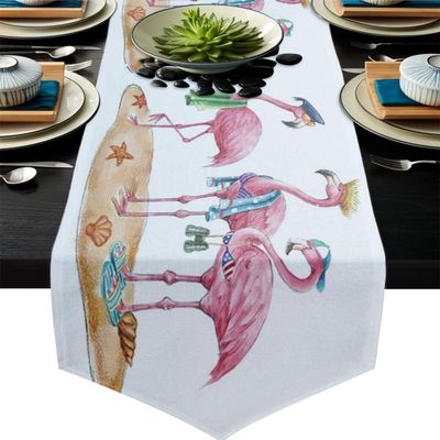 Vandarllin Cotton Linen Table Runner Dresser Scarves Funny Bathing Shower Flamingoes Non-Slip Table Top Covers Decor for Farmhouse Dining,Baby ShowerHoliday Outdoor 16X72 Inch Watercolor