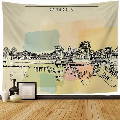 Starophi Tapestry Wall Hanging SIEM Angkor Wat Architecture Cambodia Vintage World Sketch Poster Parks Outdoor Cambodian Freehand Wall Art for Living Room Bedroom Home Decor 60x50 Inch