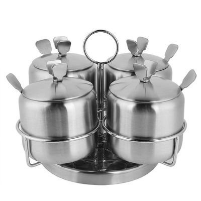 Haofy Spice Jars, Seasoning Box, Stainless Steel Seasoning Pots Condiment Containers Set of 4 Spice Tins with 4 Spoons, Rotatable Salt Pepper Sugar Storage Containers