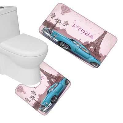 Amagical Vintage Paris Eiffel Tower Luxury Old Blue Car Pink Decor 2 Piece Bathroom Mat Set Non Slip Bath Mat Contour Mat