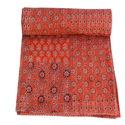 Sophia-Art Queen Size Hand Block Print Kantha Quilt 90x108 Inch Ajrakh Bedspread Vegetable Dye Blanket Indigo Print (Orange Patch Print)