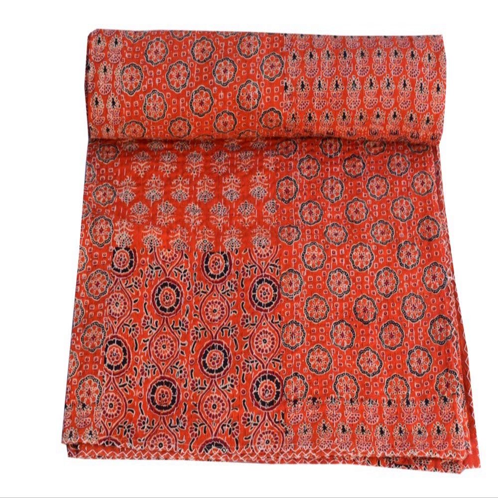 Sophia-Art Queen Size Hand Block Print Kantha Quilt 90x108 Inch Ajrakh Bedspread Vegetable Dye Blanket Indigo Print (Orange Patch Print)