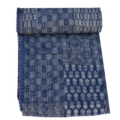 Sophia-Art Queen Size Hand Block Print Kantha Quilt 90x108 Inch Ajrakh Bedspread Vegetable Dye Blanket Indigo Print (Blue Patch Print)