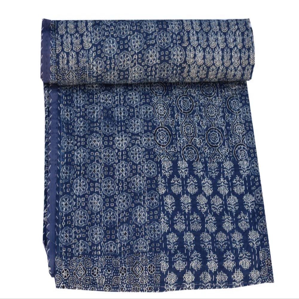 Sophia-Art Queen Size Hand Block Print Kantha Quilt 90x108 Inch Ajrakh Bedspread Vegetable Dye Blanket Indigo Print (Blue Patch Print)