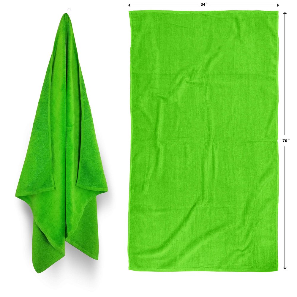 Beach Towels Over-Sized 34x70 Solid Color (4 per Pack) Lime Green Terry Velour Beach Towel. Made with 100% Cotton Weighing at 19.0 lbs per doz. Why Settle for polyester get the real thing!